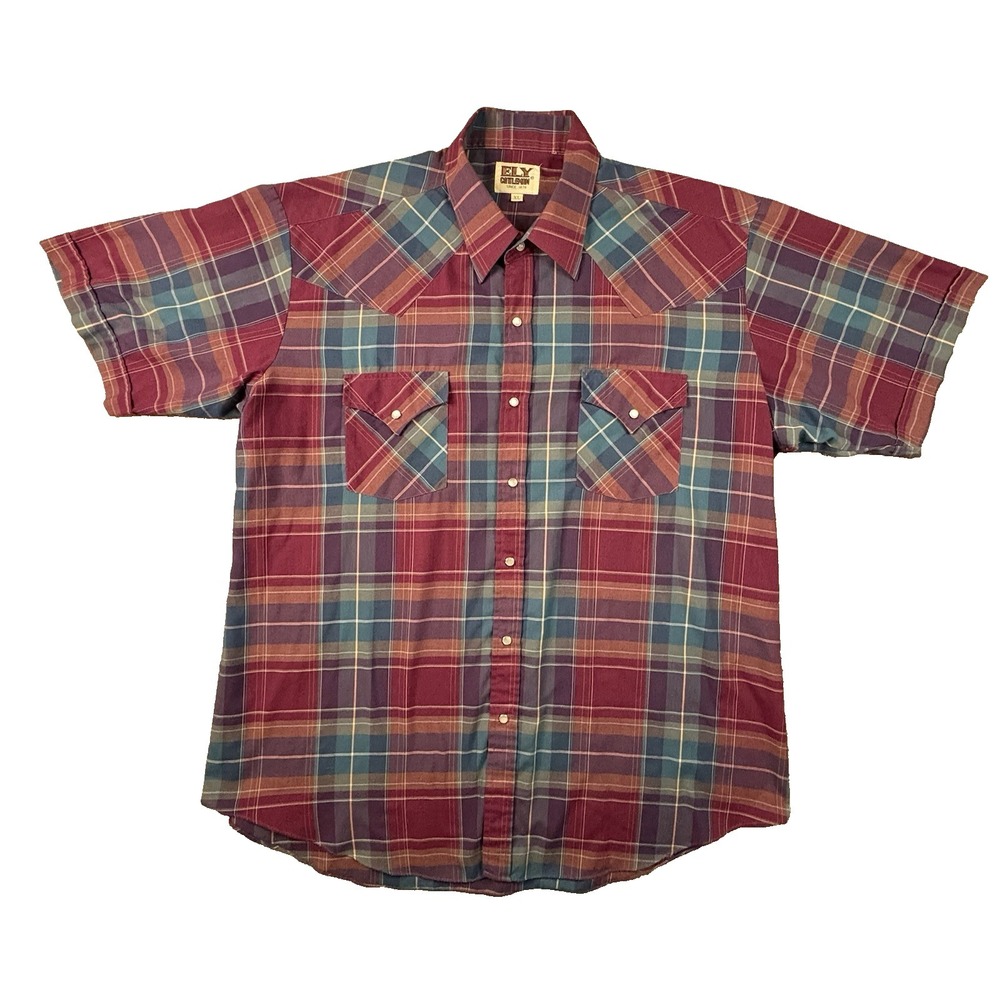 Ely Cattleman Men's XL/2XL Red Blue Plaid Western Pearl Snap Shirt Cowboy